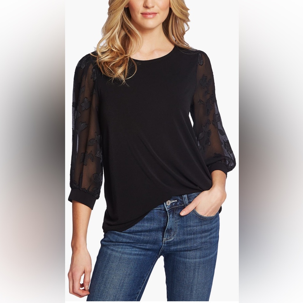 CeCe Black Blouse with Sheer Floral Sleeves